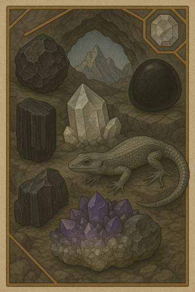 Schwarzer Turmalin, Obsidian, Amethyst, Onyx und klarer Bergkristall auf dunklem Fels unter klarem Nachthimmel. Eine kleine schwarze Ziege blickt ruhig und konzentriert in die Ferne.