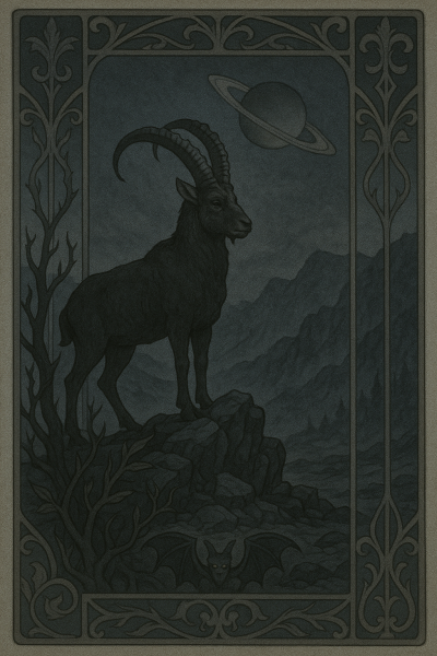 Einsamer gealterter Steinbock unter einem schweren Saturn, in karger, lebensfeindlicher, zerklüfteter Tallandschaft.