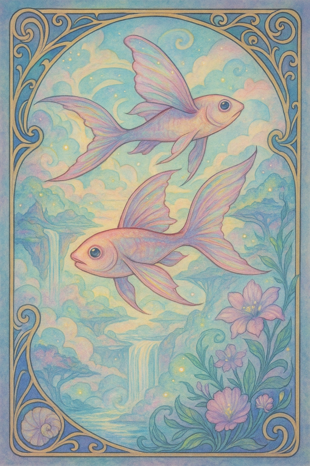 Zwei sanft in dezenten regenbogenfarben schimmernde fliegende Fische in einer Art blaurosa Traumwelt mit Wolken und Wasserfällen.