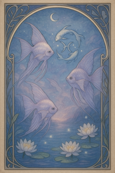 Verträumte Szene mit Schleierfischen in einer nebligen Zwischenwelt aus Himmel und Wasser. Unten sind Seerosen, oben im Sternenhimmel ein Fischesymbol.