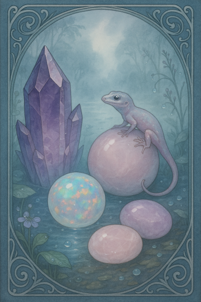 Sanft schimmernde Heilsteine in einer verträumten feuchten Nebellandschaft. Amethyst, Opal, Rosenquarz, Morganit und Kunzit. Eine Eidechse sitzt mit großen tiefblickenden Augen auf einer Rosenquarzkugel und blickt einen Amethyst an.