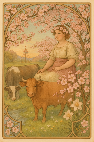 Eine junge, kräftige Frau mit zwei Kälbern auf einer Frühlingswiese, umgeben von Kirschblüten. Die Frau trägt einen Kranz aus diesen im Haar. In der Ferne ein Maifest.