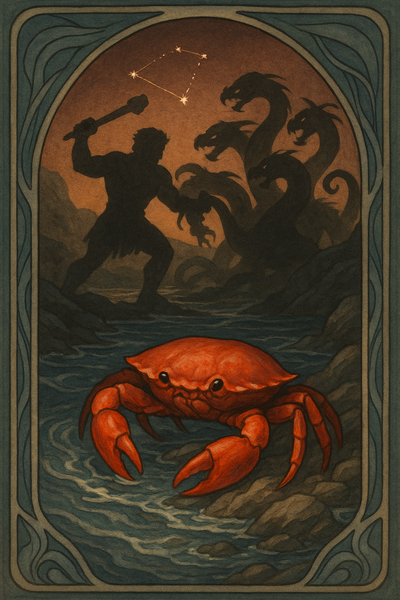 Roter Krebs der aus dem Wasser gestiegen ist, im Hintergrund kämpfend Herakles und die Hydra unter dem Krebs-Sternbild