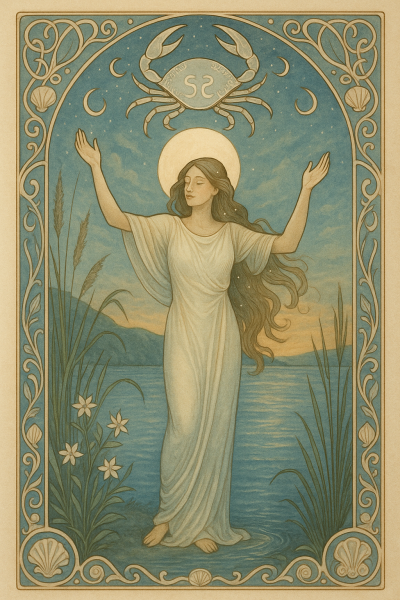 Eine sanfte mütterliche Frau mit langem Haar und weißem Gewand und empfangenden Armen auf einem See unter dem Vollmond. Links und rechts Schilfgras und oben am Himmel ein stilisierter Krebs und Sichelmonde.