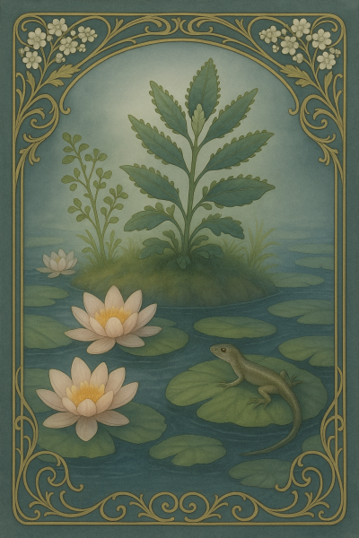 Beruhigende Pflanzen wie Keimzumpe, Brunnenkresse und Seerose auf einer kleinen Insel umgeben von Wasser. Eine Eidechse sitzt auf einem Seerosenblatt. In einem schönen Rahmen ist Holunder.