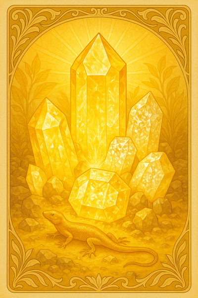 Strahlender majestetisch funkelnder Kristallschatz aus gelben Steinen wie Citrin, gelber Topas, Goldquarz und vielleicht auch Diamant und davor eine goldene Eidechse glücklich im Sonnenlicht badend.