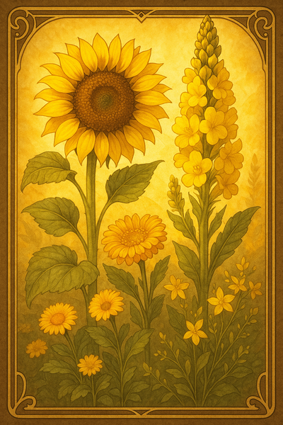 Eine königliche Sonnenblume als Krone mit einer majestätischen Königskerze als Zepter daneben, darunter wie Gefolge versammelt Ringelblume und Johanniskraut in goldenem warmen Sonnenlicht.
