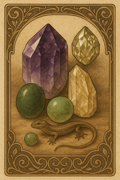 Präzise und fein geschliffene Stein in weiß, lila und Grüntönen, Amethyst, Chrysoberyll, Heliotrop mit kleiner schüchterner Eidechse im Vordergrund.