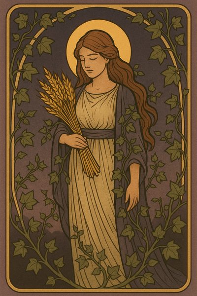 Demeter mit Ähren in der Hand, wartend auf Persephone umgeben von Efeu als Zeichen des Übergangs zwischen Licht und Schatten.