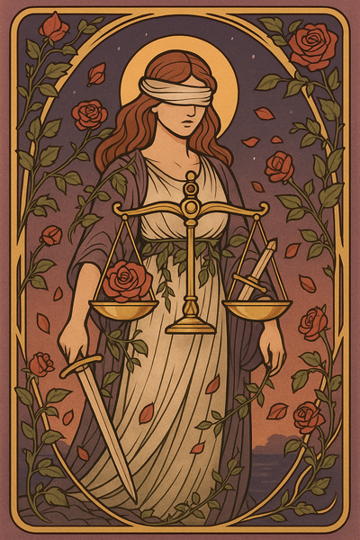 Die Göttin Themis mit verbundenen Augen und Waage in der Hand, stehend zwischen Licht und Schatten, Herz und Intellekt.