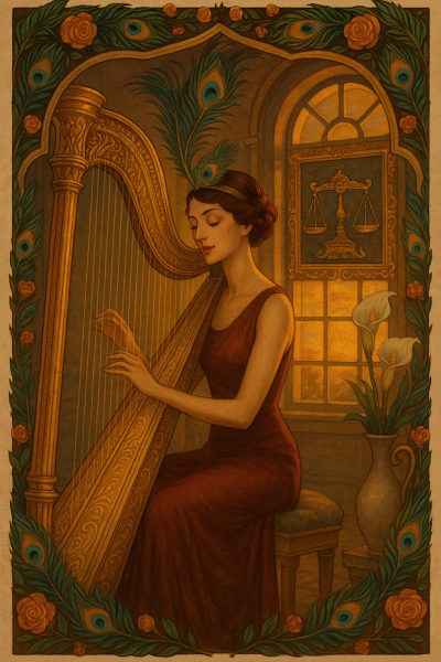 Wunderschöne Frau in rotem Gewand mit Pfauenfeder im Haar die im Abendrot eine goldene Hafe spielt. Eine Waage hängt in einem golden gerahmten Bild im hohen kunstvollen Fenster. Weiße Calla in einr Vase daneben und Rosenblüten und Pfauenfedern im Rahmen..