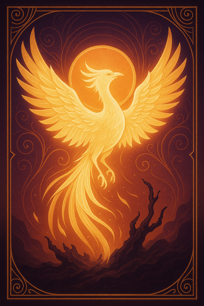 Aufsteigender goldener Adler mit Sonne als höchste Transformationsstufe, unten ein brennender Skorpion.