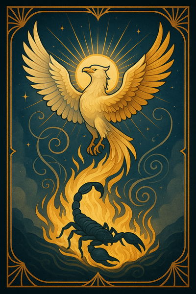 Ein majestätischer Adler erhebt sich aus dem Nebel in Richtung Sonne. Er hat einen Feuerschweif in dem eine dunkle Skorpionhaut wie eine leere Hülle, eine Haut die man nicht mehr braucht verbrennt.