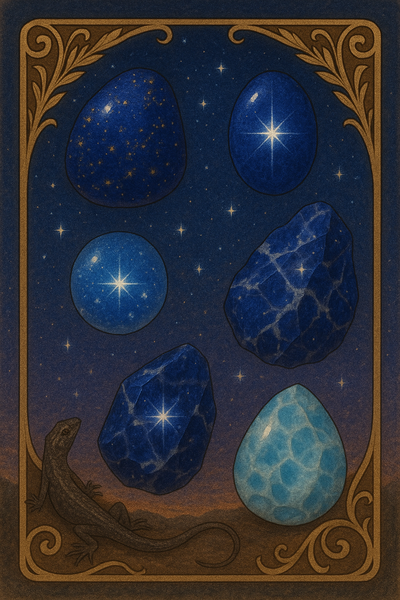 Blaue glitzernde Steine wie Lapislazuli, Saphir, Sodalith, blauer Chalcedon und Larimar unter freiem Sternenhimmel funkelnd wie die Sterne selbst. Eine kleine Eidechse schaut neugierig in die Weite.