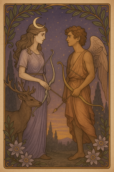 Artemis und Eros sich erwartungsvoll gegenüberstehend mit goldenem und silbernen Bogen. Lorbeer und Passionsblume windet sich sanft in der Umrahmung. Im Hintergrund dunkle Zypressen.