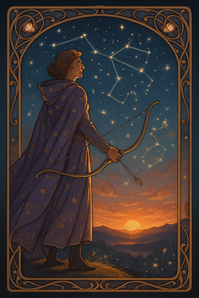 Ein Schütze mit goldenem Bogen und magischem blau-goldenen Sternenumhang der forschend in die Weite schaut. Oben Sternenkonstellationen, unten der Sonnenuntergang.
