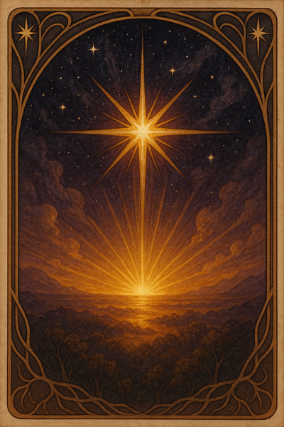 Ein großer neugeborener Stern der mit seinem Licht auf einen fernen Horizont strahlt. Im Hintergrund ist dunkles All. Es ist der anbrechende neue Tag, im Begriff zu beginnen.