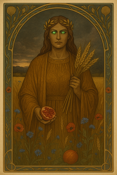 Eine ernste, nährende und mütterliche Göttin mit goldenen Ähren in der Hand steht auf einem Feld im Spätsommer. Um sie reife Früchte wie Granatäpfel Korn und ein dunkler Horizont.