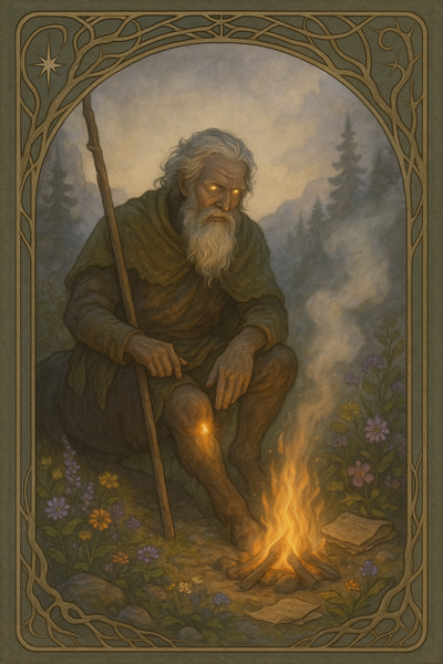 Ein älterer Zentaur mit sanftem Blick sitzt an einem Feuer in den Bergen, behandelt eine Wunde an seinem Knie. Um ihn herum Heilkräuter, alte Pergamente und Lichtnebel.