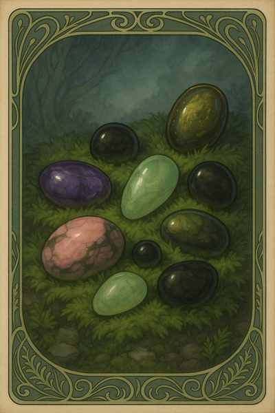 Eine Sammlung heilender und tiefgründiger Steine – Rhodonit, Apachenträne, Silberobsidian, Goldobsidian, Prasem, Prehnit und Sugilith – liegt auf einem weichen, moosigen Waldboden. Die Steine leuchten sanft von innen, eingebettet in eine ruhige, grüne Umgebung. 