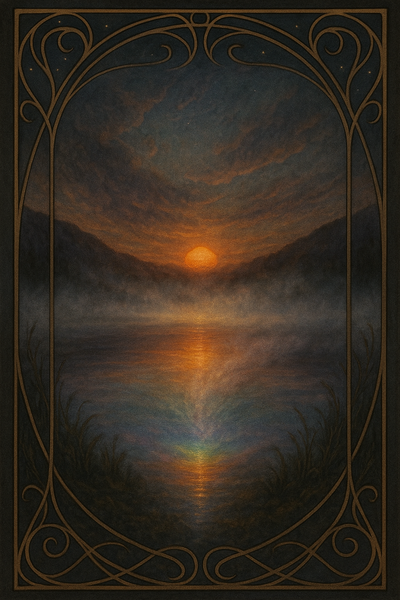 Untergehende Sonne am Westhorizont. Unterhalb ist eine Wasseroberflläche in der sie sich spiegelt. Dort wo das Licht auf das Wasser trifft entsteht spiralförmiger Nebel und an der Quelle des Nebels ein regenbogenfarbiges Schimmern.
