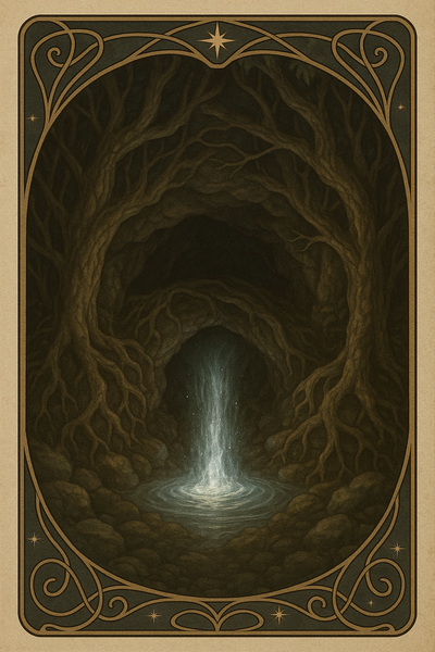Eine Quelle mit silbrigem Wasser die in einer Höhle mit dunklem Wurzelwerk entspringt. Das Silberwasser erleuchtet die Höhle.