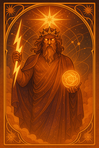Eine göttliche Gestalt mit orange leuchtenden Augen und ruhiger Authorität. In der Hand trägt sie einen goldenen Blitz, in der anderen eine rotierende Sphäre aus Licht. Hinter ihr strahlt ein gewaltiger Stern, während der Himmel voller Planetenbahnen ist.  