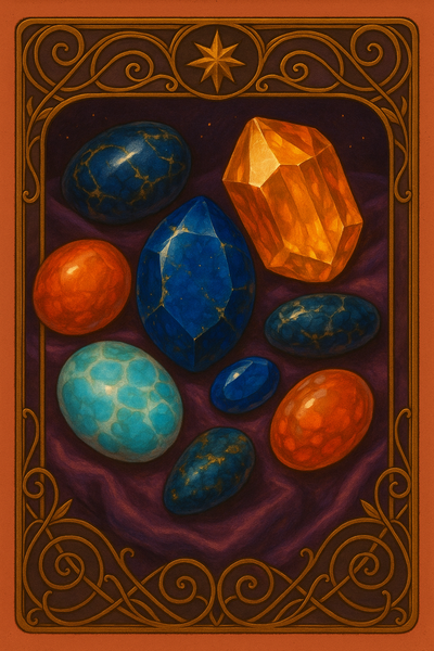 Glänzende, strahlende und große Edelsteine wie Lapislazuli, oranger Topas (Imperialtopas), blauer Saphir, Sodalit, oranger Aventurin, Larimar und Karneolachat auf königlichem Purpur.