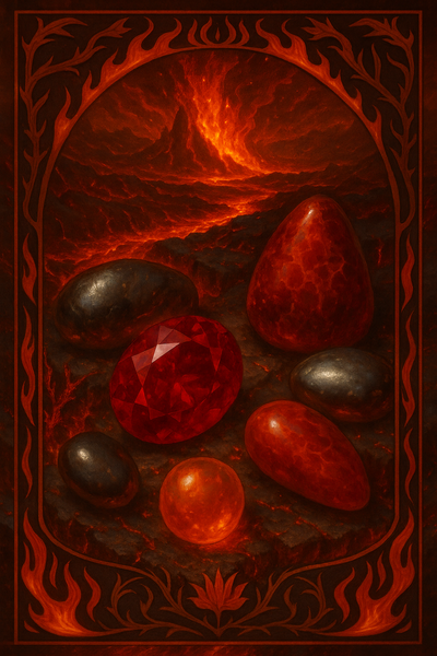 Feurig-rote und metallische Heilsteine wie Granat, Karneol, Hämatit, Rubin, roter Jaspis und Feueropal zwischen Lava auf glühendem Stein.