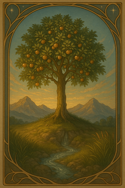 Ein hochgewachsener kräftiger Baum, beladen mit üppigen Früchten. am Horizont sind hohe Bergipfel, es ist eine warme Mittagsstimmung und zu den Wurzeln des Baumes entspringt eine kleine die Landschaft nährende Quelle.