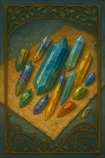 Glänzende, schillernde schmal geschliffene Steine in blau, gelb oder bunten Farben wie Achat, blauer oder gelber Fluorit, Chrysopras, blauer oder gelber Topas, blauer Turmalin und Aquamarin auf einem alten Manuskript.