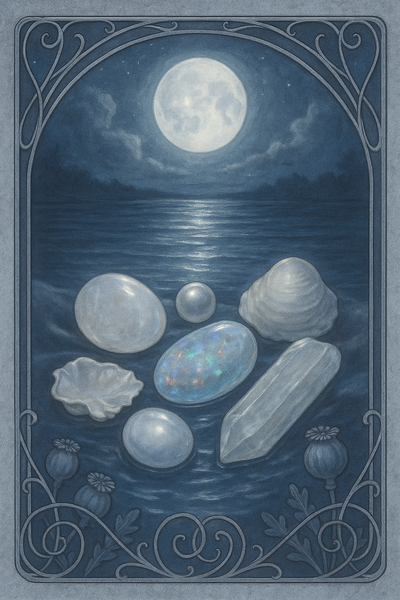 Weißlich schimmernde Steine wie Mondstein, Perle, Selenit, Opal und Muschelstücke umspielt von ruhigem Wasser. Im Hntergrund ist ein großer Vollmond und ein weiter dunkler See. Mohnkapseln sind im Rahmen.
