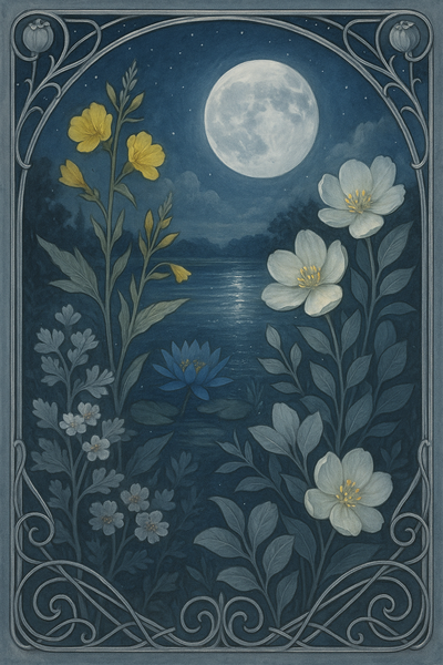 Pflanzen mit silbrigen Blättern und runden Formen wie Nachtkerze, Magnolie, Weißdorn, blauer Lotus und Schlafmohnkapseln im Rahmen unter silberklarem Nachthimmel.