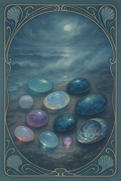 Irisierende, flüssig wirkende und rund geschliffene Steine wie Aquamarin, Opal, Labradorit, Girasol, Astrophyllit, Halit, Morganit, Abalone-Muschel und Amethyst umspielt von Nebel und Wasser.