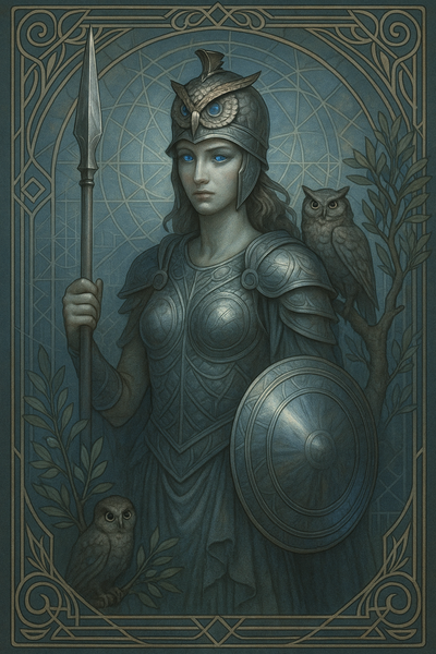 Eine nachdenkliche Kriegerin mit Eulenhelm, Rüstung, Speer und Spiegelschild, neben ihr Eulen. Im Hintergrund geometrische Muster, ein Olivenbaum und kühles Licht.