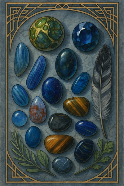 Schimmernde Steine wie ein großer Pallasit, Tigerauge, Falkenauge, blauer Chalcedon, Lapislazuli, blauer Saphir, Fluorit und Labradorit, umgeben von einer Eulenfeder und goldenen Linien auf einer Marmorplatte.