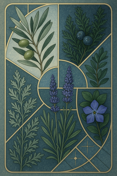 Silberne, klar strukturierte Pflanzen wie Olivenbaum, Beifuß, Lavendel, Immergrün, Wacholder und Schlehe in scharfem Licht mit geometrischem Segmentmuster im Hintergrund.