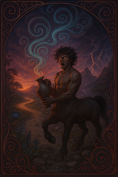 Ein wilder Zentaur mit leuchtenden Augen und einem geöffneten Krug, aus der sich spiralförmig Licht und Rauch entladen. Im Hintergrund scheinen sich Wege abzuzeichnen. Der eine wirkt eben und lichter, der andere ist steinig und führt in ein Gebirge in dem Unwetter ist.