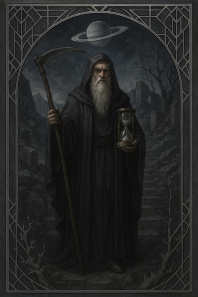 Ein ernster alter Mann mit Sense, Sandur und dunklem Mantel steht unter einem grauen Saturn auf einer Treppe, umgeben von Gebirgen, alten Ruinen und abgestorbenen Bäumen.