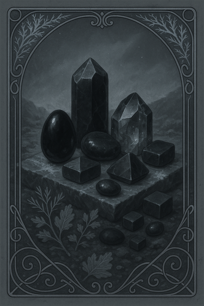 Dunkle, schwere Steine wie Obsidian, Onyx, schwarzer Turmalin, Rauchquarz, Gagat und Granit, angeordnet auf einer dunklen Steinplatte in klaren geometrischen Formen und mit frostigem Reif überzogen.