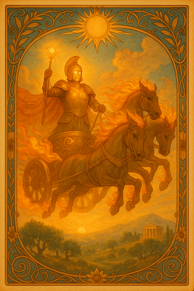 Eine leuchtende Königsfigur (Helios) in goldener Rüstung mit einem Sonnenzepter in einem goldenen und brennenden Himmelswagen fährt siegesgewiss über eine mediterrane, lichtvolle Landschaft.