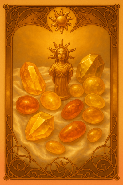 Strahlende Steine wie Citrin, Bernstein, Kopal Goldtopas, Sonnenstein in einer mit Gold gefüllten und sonnenbeschienenen Schatzkiste.