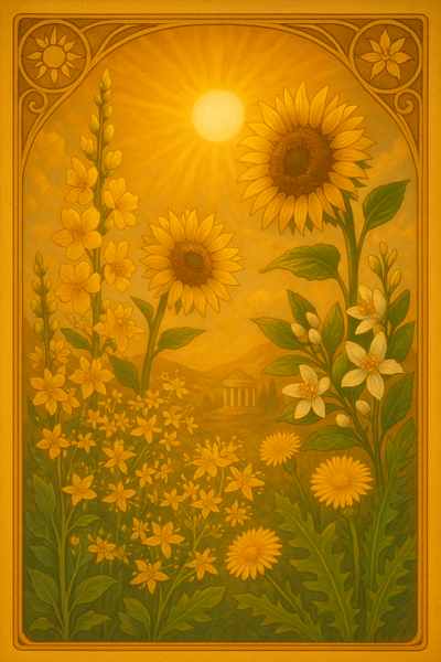 Leuchtende Pflanzen wie Sonnenblume, Johanniskraut, Orangenblüten, Königskerzen und Löwenzahn im goldenen Licht des Mittags in mediterraner Landschaft.