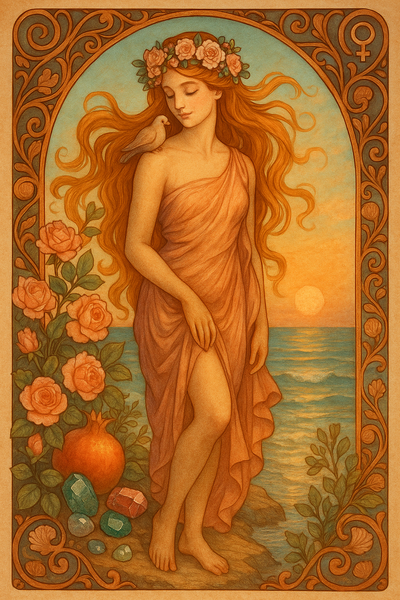 Eine schöne, anmutige weibliche Gestalt mit langen Haaren und Blumen im Haar an einer üppig bewachssenen Küste bei Sonnenuntergang. Sie ist umgeben von Rosen, Kupferornamenten, süßen Früchten und glänzenden Edelsteinen.