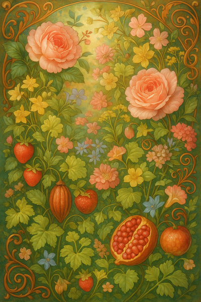 Üppige Pflanzen in weichen Farben, darunter Rose, Granatapfel, Kakao, Linde, Frauenmantel, Erdbeeren und andere mit süß duftenden Blüten.