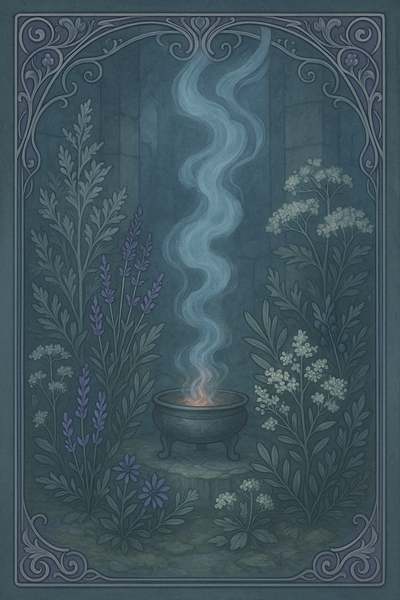 Eine rituelle Szene mit silbrigen Pflanzen wie Wermut, Beifuß, Salbei, Lavendel, Schafgarbe, Holunder und Weißdorn wachsen in einem Kreis um eine glimmende Räucherschale, aus der bläulicher Rauch aufsteigt. Im Hintergrund ist ein steinerner, schlichter Raum.“